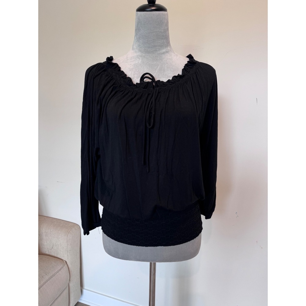 White House Black Market Black Smocked Peasant Blouse Ruffle Neck Long Sleeve M